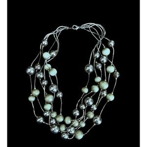 Necklace Faux Pearls Silver Tone Beads 6 Strand Costume Jewelry 16"